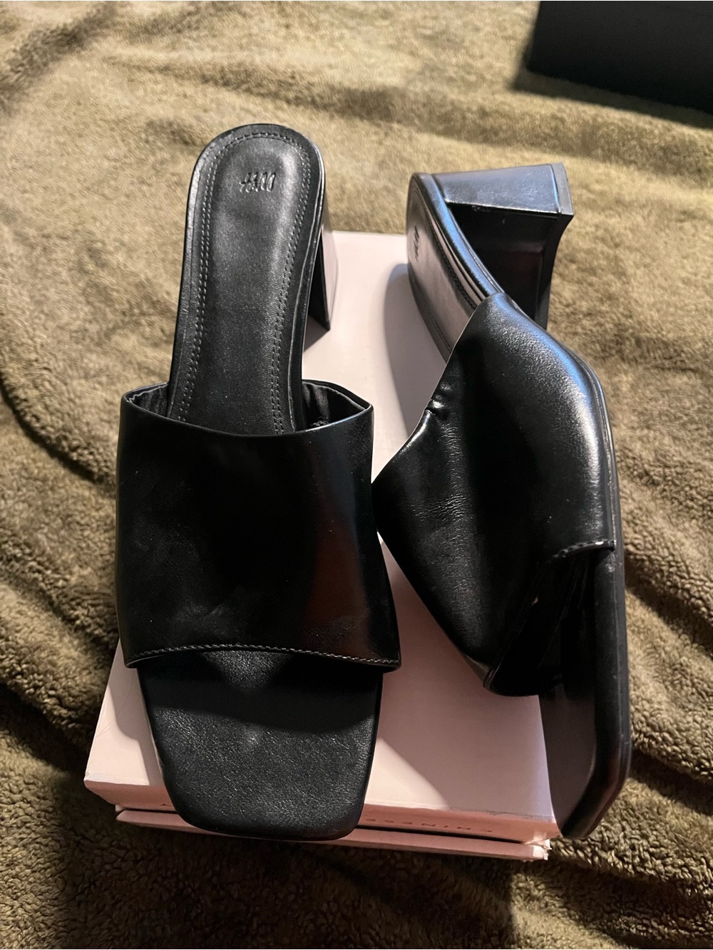 H&M Black Leather Square-Toe Mule Slides with Block Heel